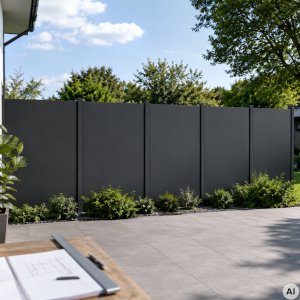 HPL-Sichtschutz mit gleichmäßig aufgeteilten Feldern und Pfostenpositionen an einer Terrasse