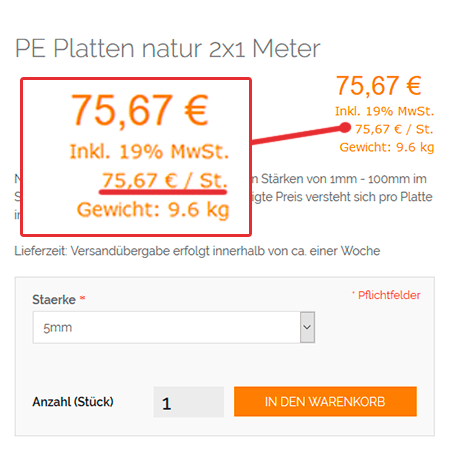 Die Preisberechnung einer Kunststoffplatte mit 5mm Stärke nach neuer Kalkulation