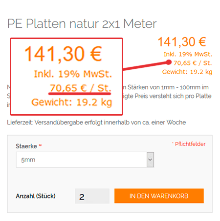 Die Preisberechnung von zwei Kunststoffplatten mit 5mm Stärke nach neuer Kalkulation