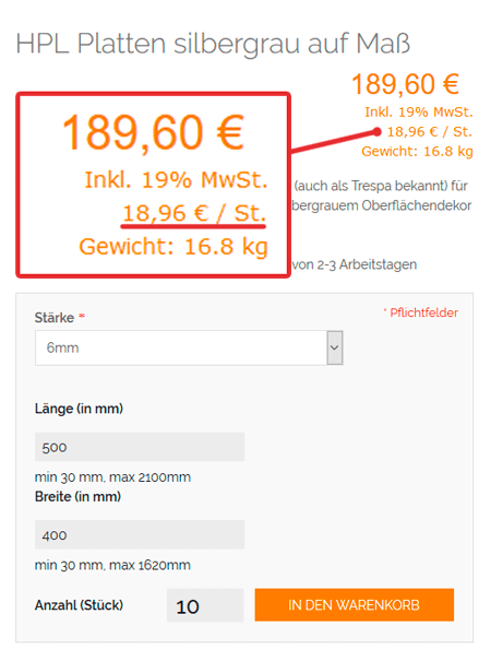 Die neue Preisberechnung für HPL Platten im Zuschnitt für zehn gleiche Zuschnitte