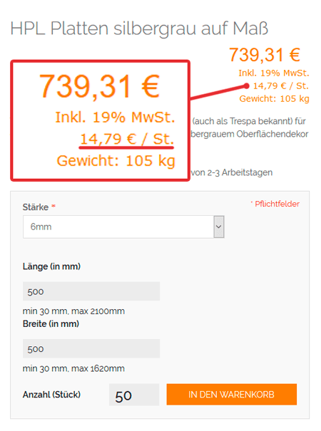 Die neue Preisberechnung für HPL Platten im Zuschnitt für fünfzig gleiche Zuschnitte